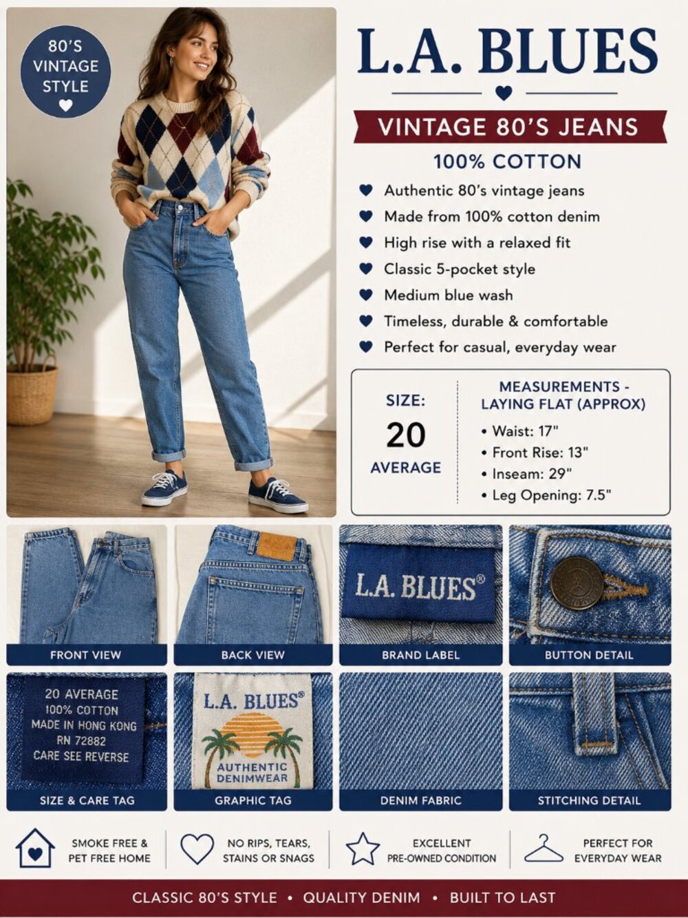 L.A. Blues Vintage 80's Jeans – Women's Size 20 Average – 100% Cotton